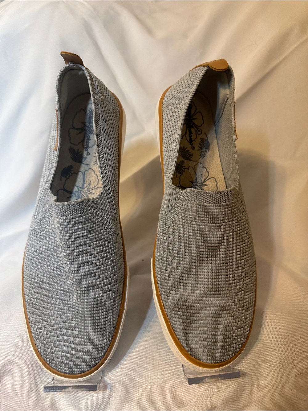 Tommy Bahama Light Gray Knit Slip-On Loafers with Tan Trim
